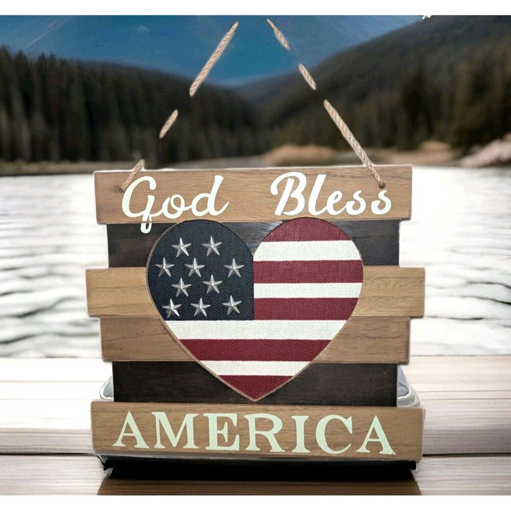 Patriotic God Bless America Hanging Rustic Heart Wood Wall Plaque Sign 11×13-in